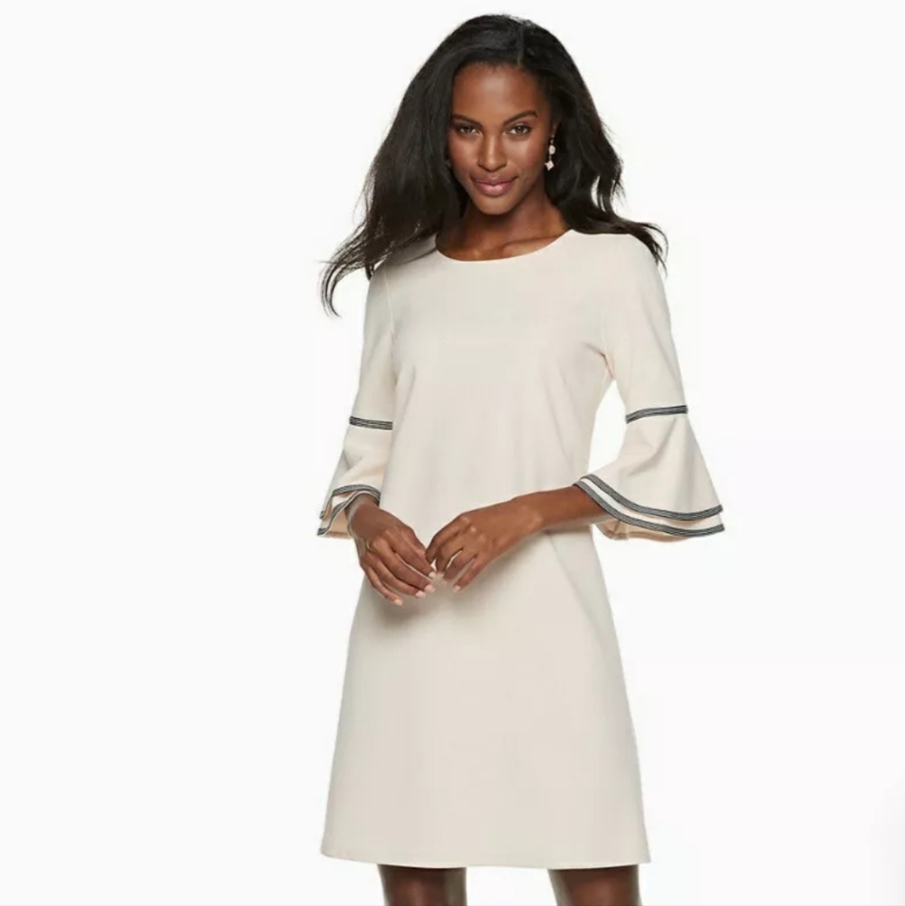 NWT Sharagano Bell Sleeve Ivory Stretch Dress size 8 Pinstripe Detail Sheath